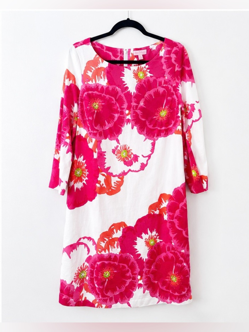 Lilly Pulitzer Pink & Orange Floral Shift Dress Size 12 3/4 Sleeve White Resort
